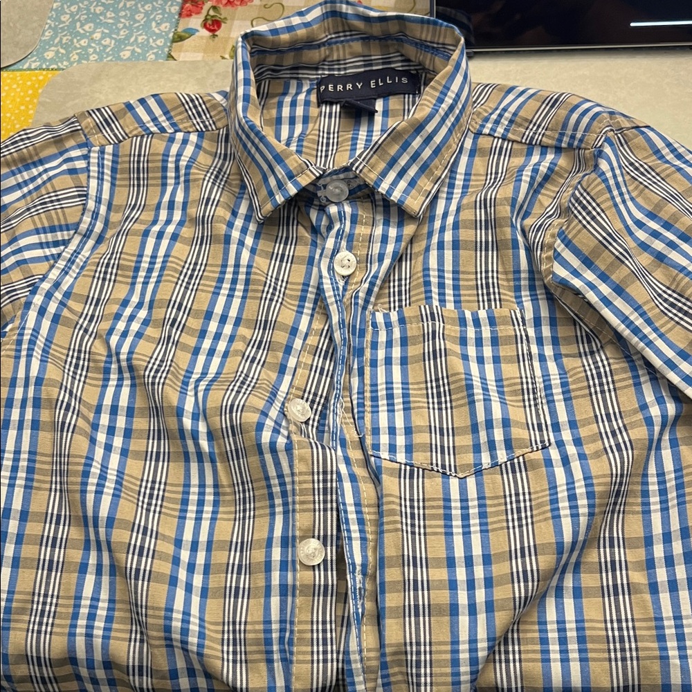 Perry Ellis Kids Blue and Tan Plaid Button Down Shirt